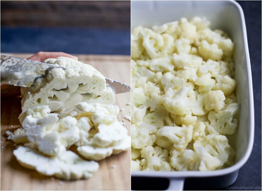 Cauliflower on a cutting board and chopped cauliflower in a baking dish