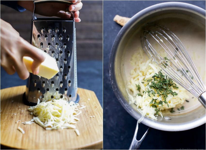 Shredded cheese in a box grater and a pan of homemade au gratin sauce