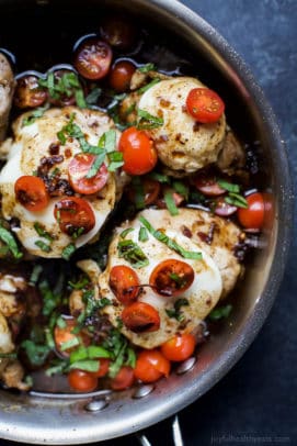 One Pan Balsamic Glazed Caprese Chicken - an easy recipe done in less than 40 minutes. Tender juicy Chicken cooked in balsamic glaze. I guarantee your family will be begging for you to make this again! | joyfulhealthyeats.com #glutenfree #highprotein