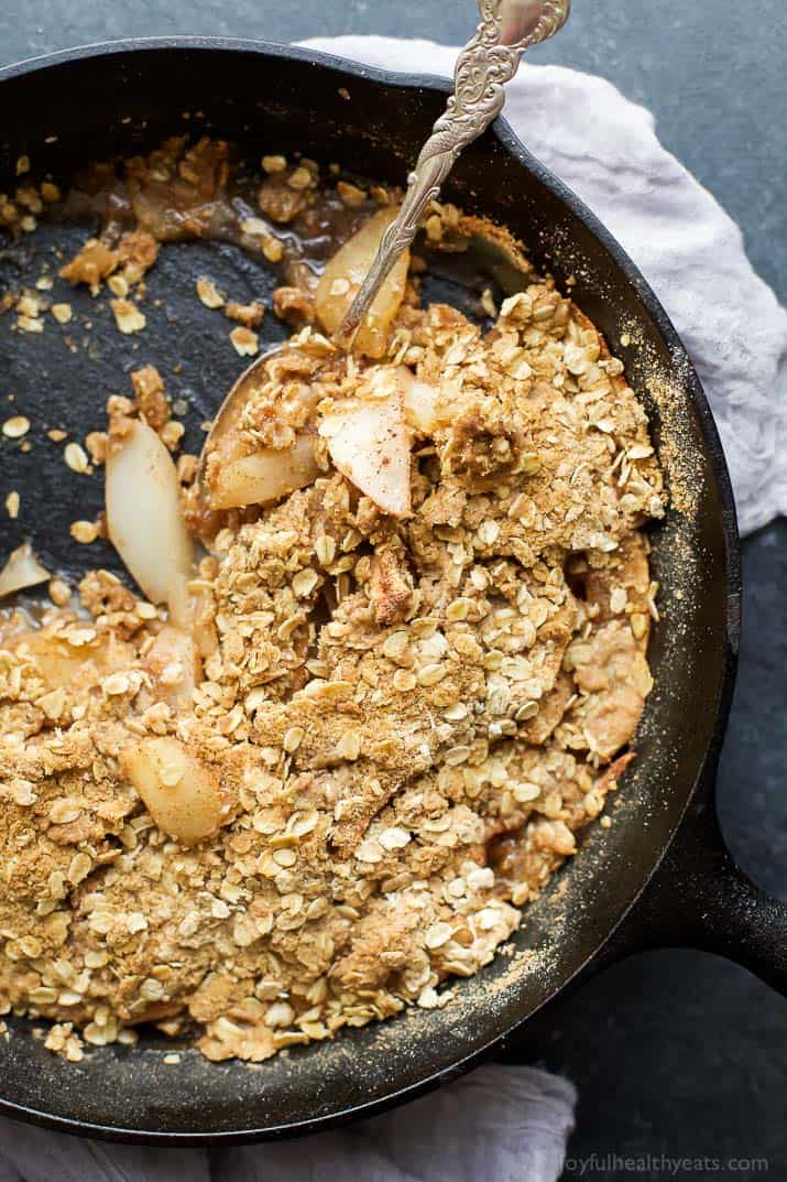 Top view of Cinnamon Apple Pear Crisp in a cast-iron skillet