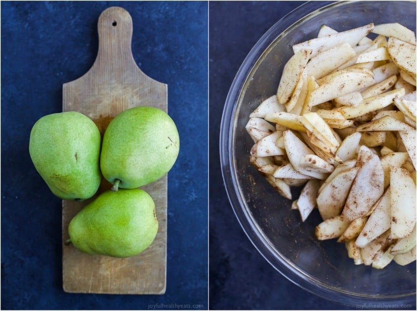 Collage of whole pears and a bowl of sliced apples and pears with cinnamon