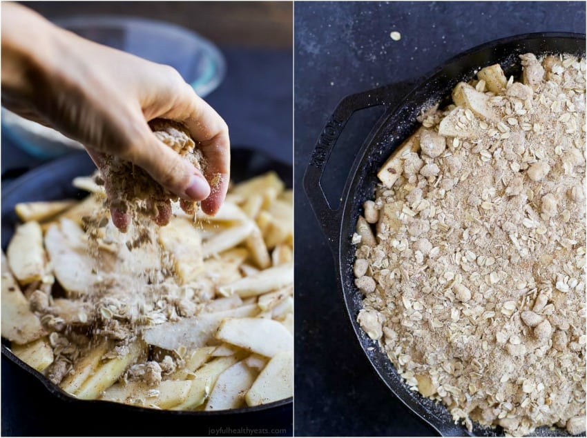 Collage of crumb topping being added to Cinnamon Apple Pear Crisp in a cast-iron skillet