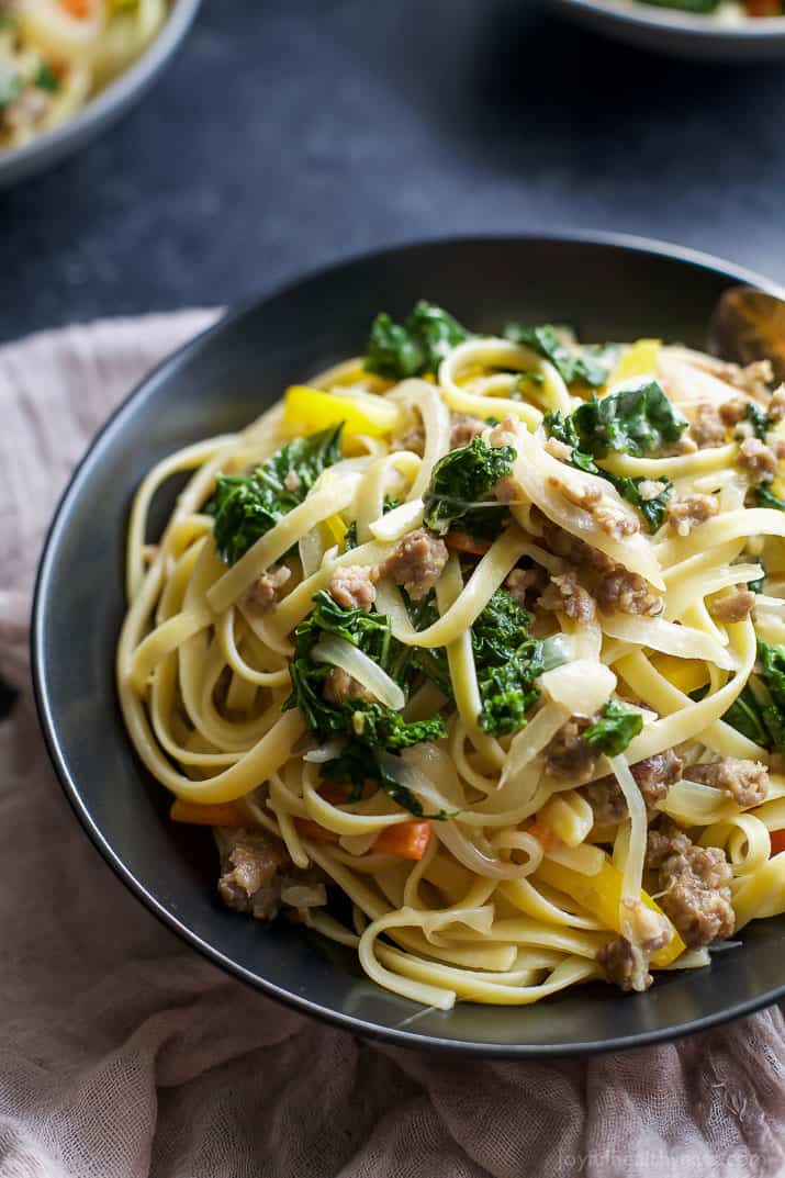 A bowl of Creamy Kale Pepper & Sausage Pasta