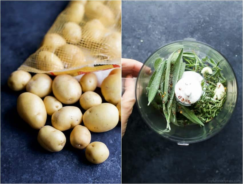 A bag of mini potatoes and a collection of herbs in a food processor bowl