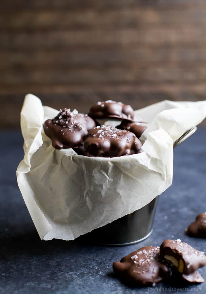 Espresso Cashew Clusters in a paper-lined tin