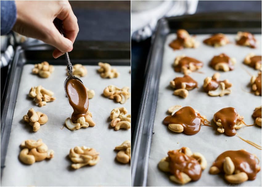 Collage of steps to make Espresso Cashew Clusters