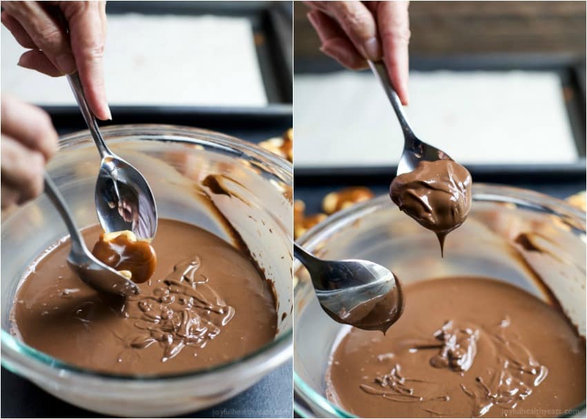 Melted chocolate in a bowl with spoons dipping cashews