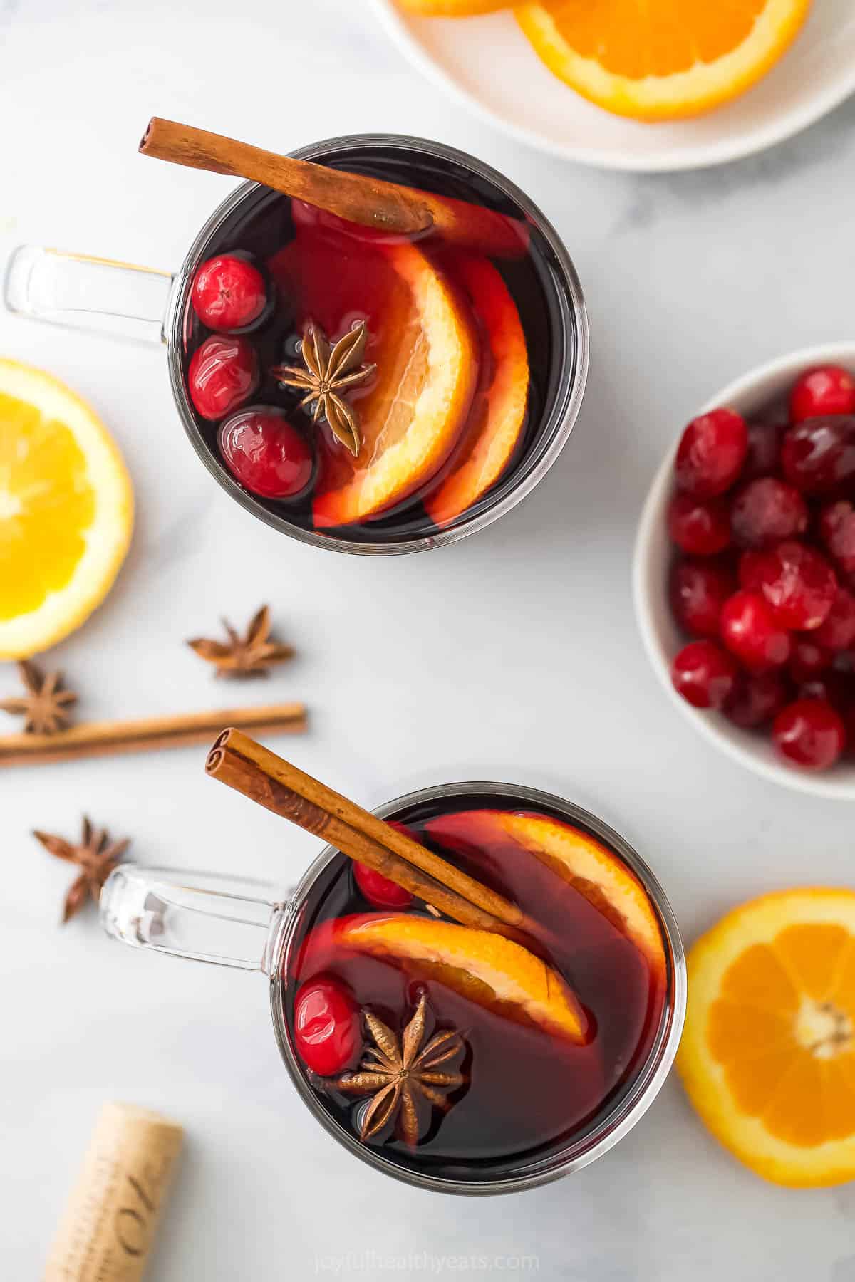 Two glasses of spiced mulled wine.