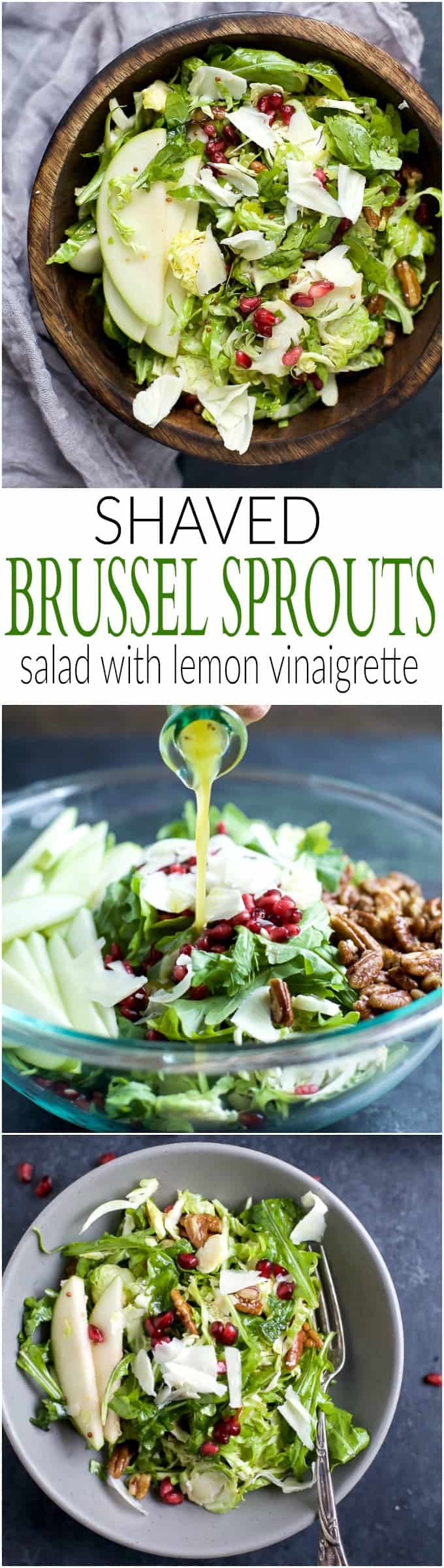 Shaved Brussel Sprout Salad filled with apples, pomegranate, candied pecans, and white cheddar cheese then tossed with a light Lemon Vinaigrette. This Brussel Sprout Salad is the perfect side dish for the holidays! | joyfulhealthyeats.com #glutenfree