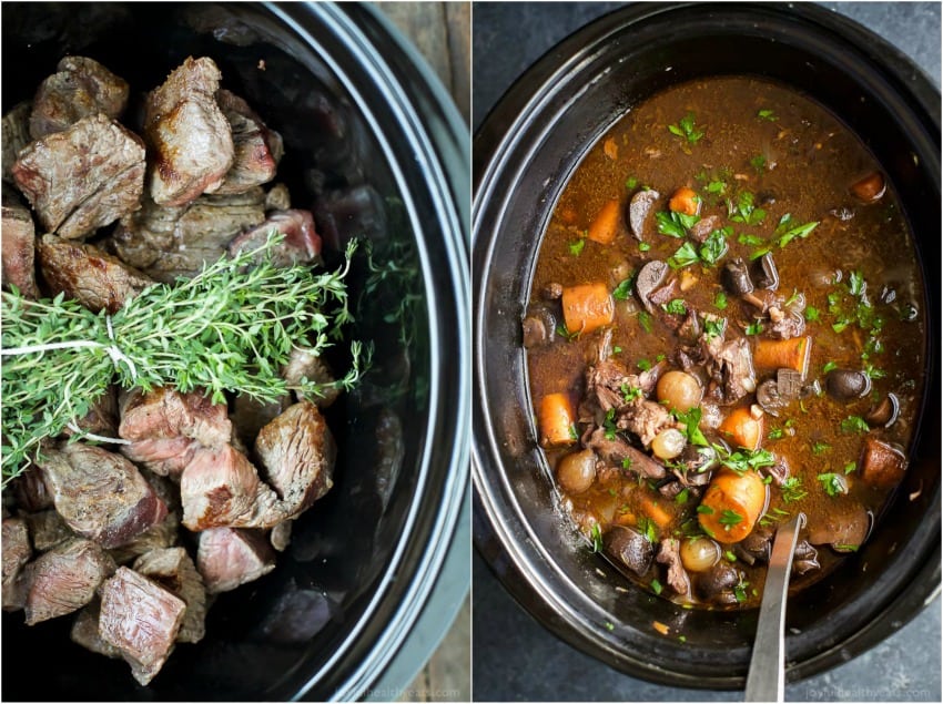 A collage of images of beef bourguignon in the slow cooker before and after it's been cooked