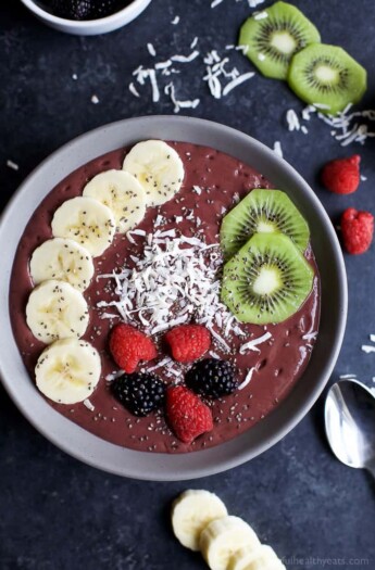 BANANA BERRY SMOOTHIE BOWL an easy delicious way to add protein, fiber, fruits, and veggies to your breakfast! Easily customize the toppings to your Smoothie Bowl. Tastes so good, you won't know it's healthy! | joyfulhealthyeats.com | gluten free recipes | healthy recipes | easy breakfast recipes | dairy free