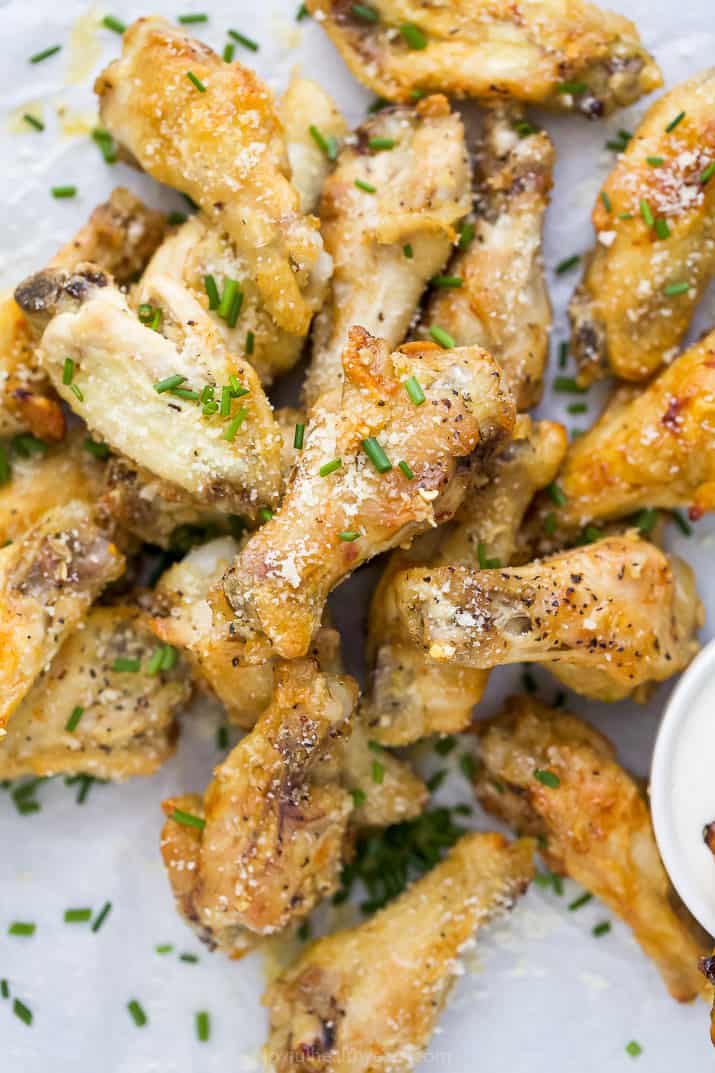 closeup view of crispy baked garlic parmesan chicken wings