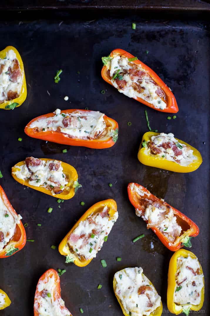 CHEESY BACON STUFFED PEPPERS, everything about this delicious appetizer is addicting! Perfect for the holidays! Top these little pepper bites with a dab of pepper jelly and I guarantee you'll be in a heaven! | joyfulhealthyeats.com #glutenfree