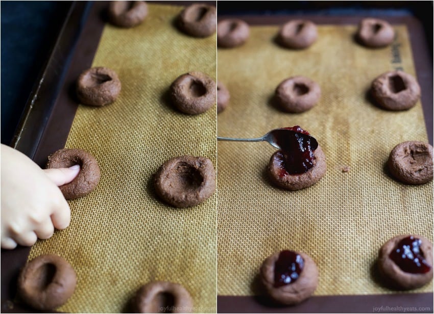 Collage of Chocolate Thumbprint cookie dough on a baking mat and being filled with raspberry jam