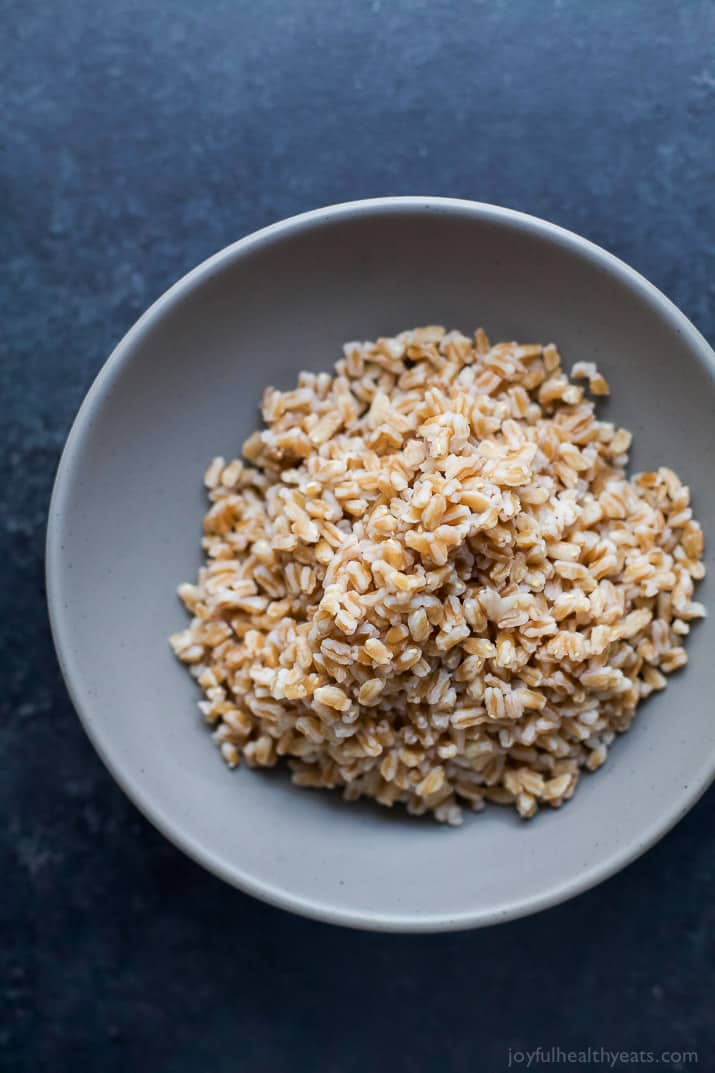 Top view of a bowl of cooked farro