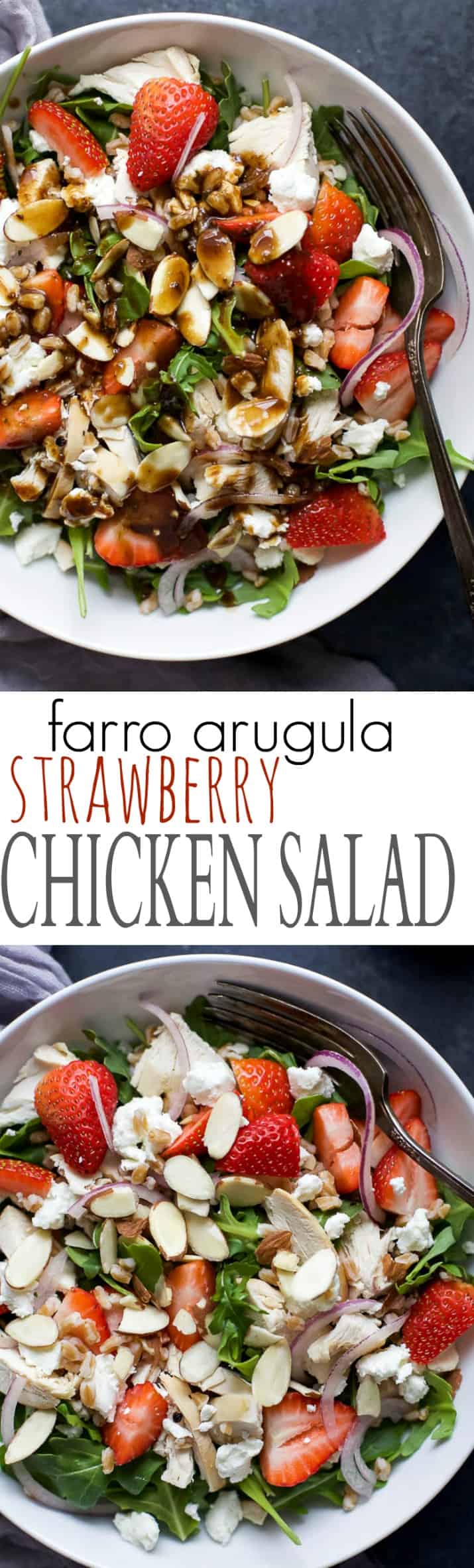 Recipe collage for Farro Arugula Strawberry Chicken Salad