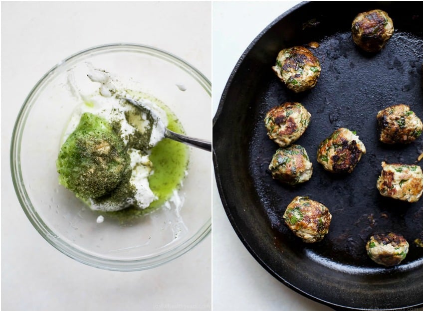 Collage of ingredients for Greek Turkey Meatballs and meatballs cooking in a pan