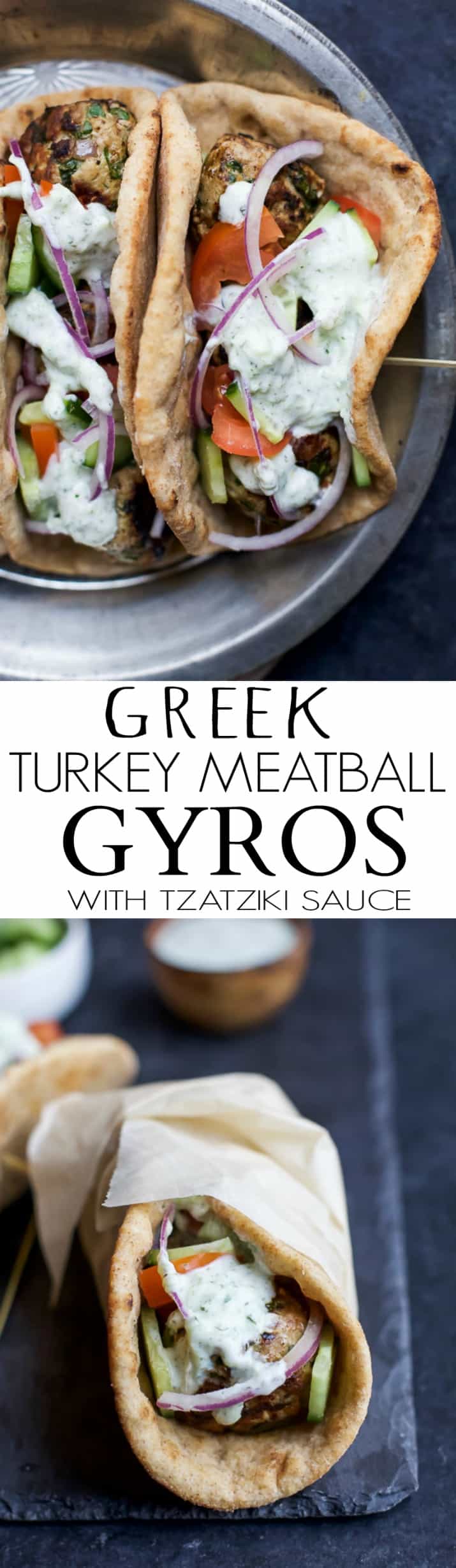 Recipe collage for Greek Turkey Meatball Gyros with Tzatziki Sauce