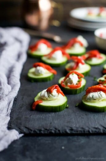 Fresh Cucumber Bites Topped with Herb Cream Cheese & Sweet Piquillo Peppers