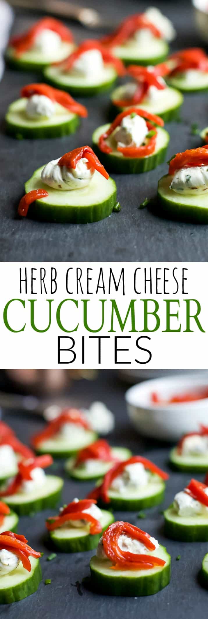 Fresh Simple Cucumber Bites topped with a zesty Herb Cream Cheese and sweet Piquillo Peppers. The perfect refreshing appetizer recipe for your next party! | joyfulhealthyeats.com #glutenfree #vegetarian