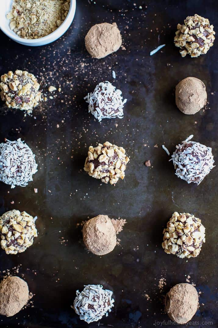 You're just 4 ingredients away from these PALEO CHOCOLATE ESPRESSO TRUFFLES. Creamy, silky, smooth chocolate - you want these on your cookie platter this holiday season! | joyfulhealthyeats.com | Gluten Free Recipes | Cookie Recipes