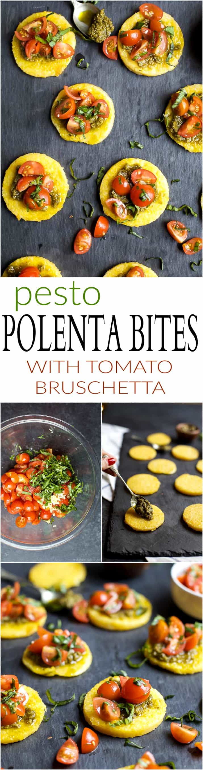 4 Images of Pesto Polenta Bites with Tomato Bruschetta