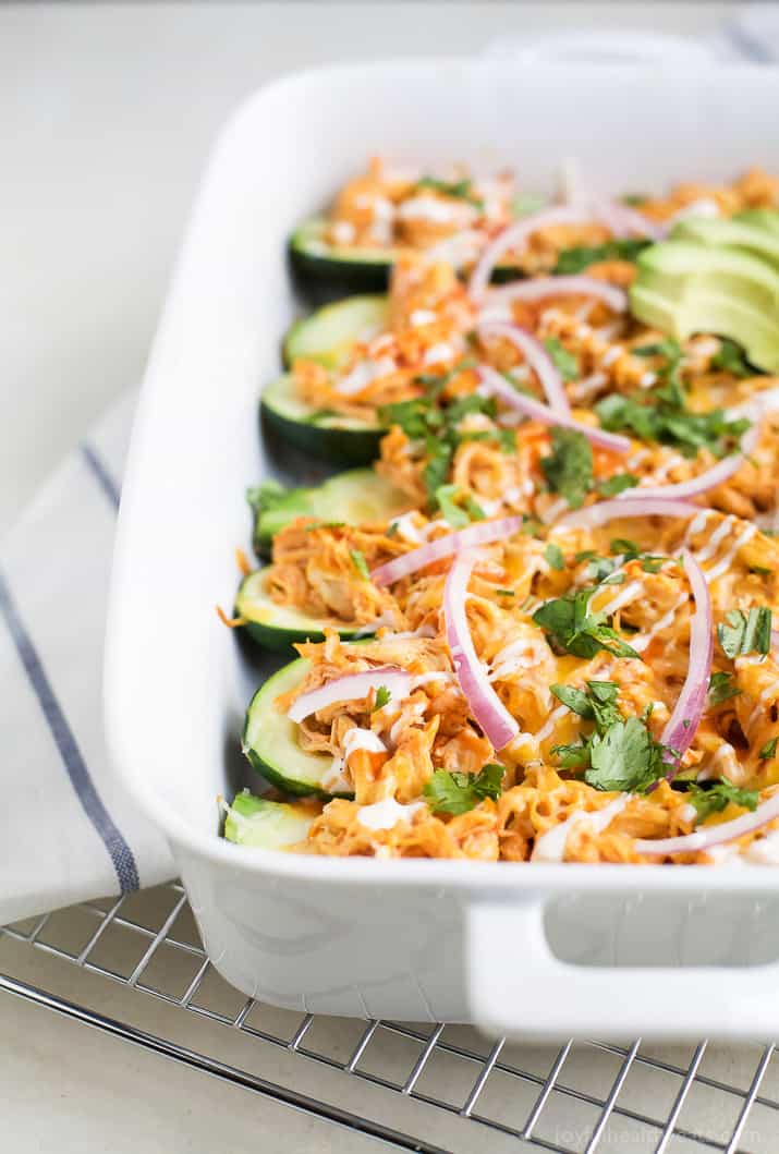 Buffalo Chicken Enchilada Zucchini Boats in a baking dish