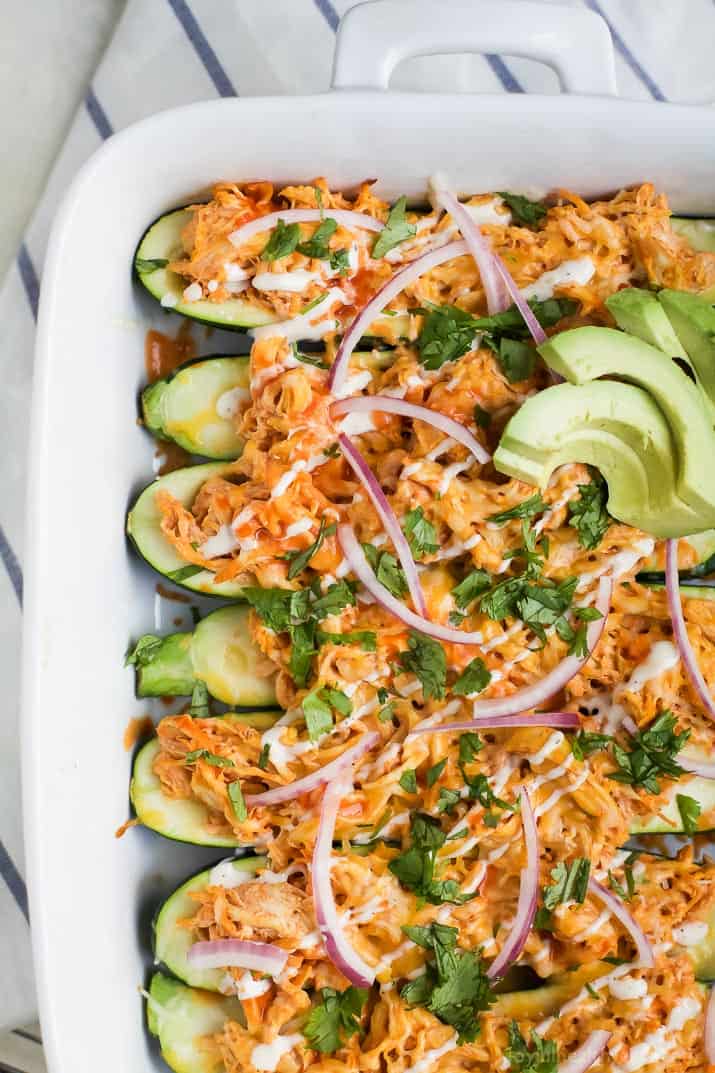 Buffalo Chicken Enchilada Zucchini Boats in a baking dish