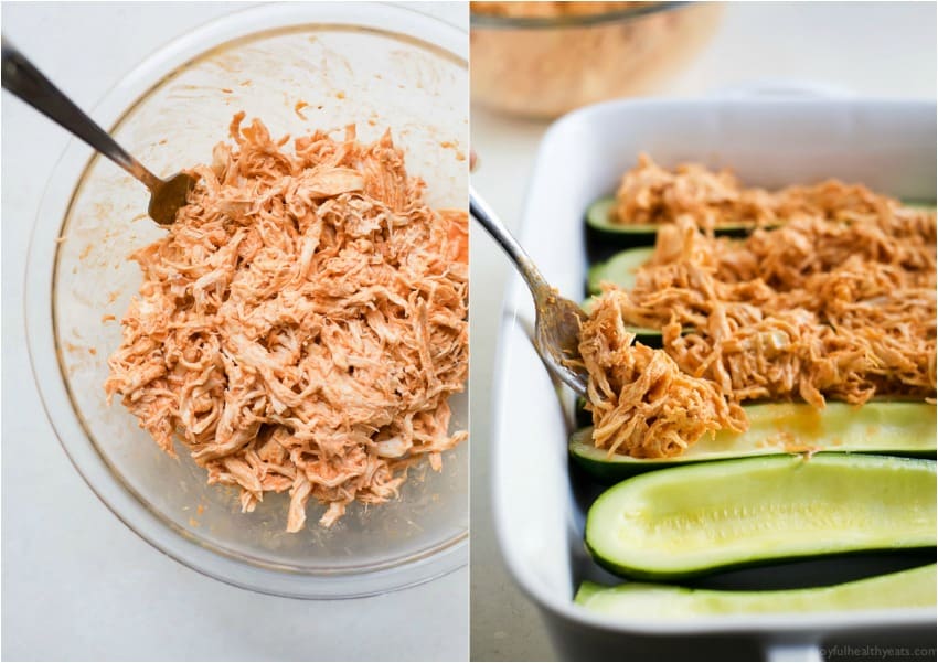 A collage of a bowl of shredded buffalo chicken and zucchini boats being filled with shredded buffalo chicken