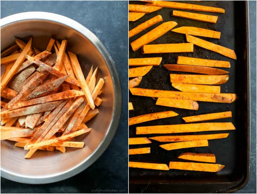 Two side-by-side pictures with one showing the unbaked fries being seasoned and the other showing them on the baking sheet.