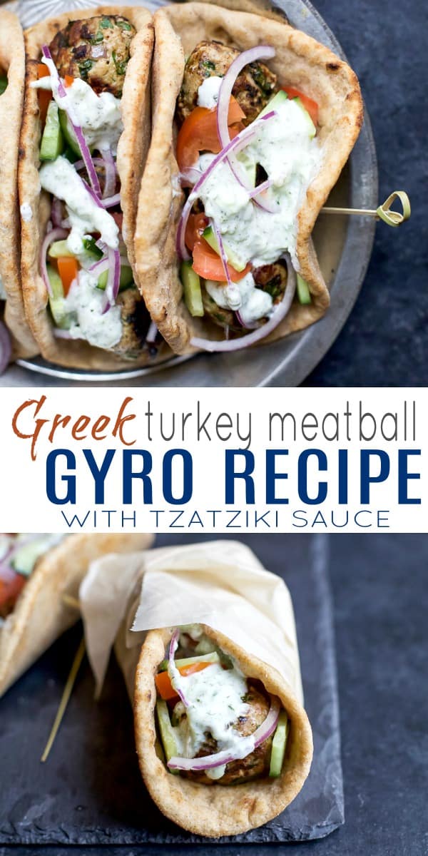 Recipe collage for Greek Turkey Meatball Gyros with Tzatziki Sauce