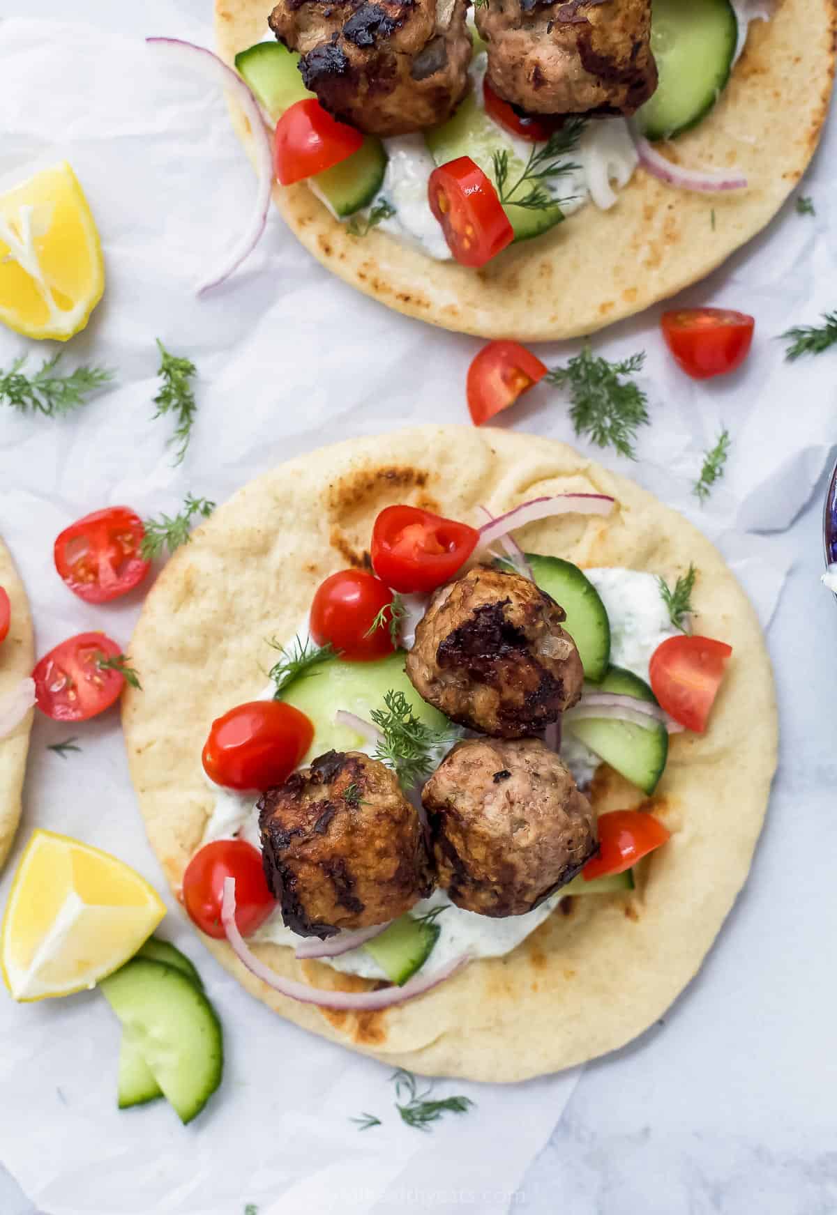 Overhead view of a turkey meatball gyro