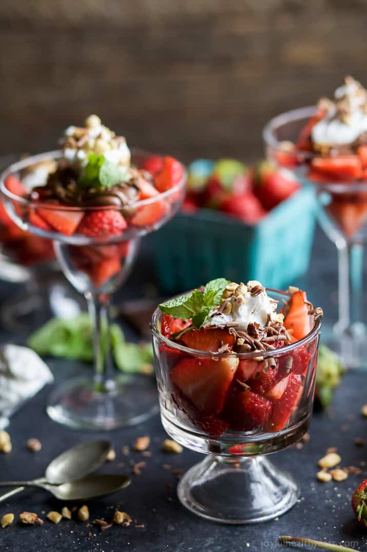 NUTELLA STRAWBERRY PARFAIT WITH COCONUT WHIPPED CREAM - an easy healthy dessert filled with fresh strawberries, drizzled with Nutella and Whipped Cream. The perfect Valentines Day dessert! | joyfulhealthyeats.com