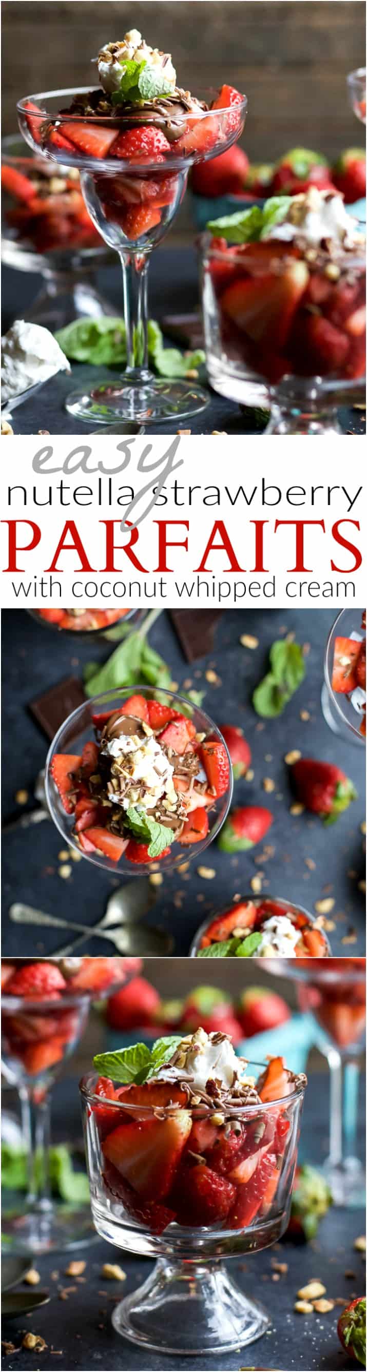 NUTELLA STRAWBERRY PARFAIT WITH COCONUT WHIPPED CREAM - an easy healthy dessert filled with fresh strawberries, drizzled with Nutella and Whipped Cream. The perfect Valentines Day dessert! | joyfulhealthyeats.com