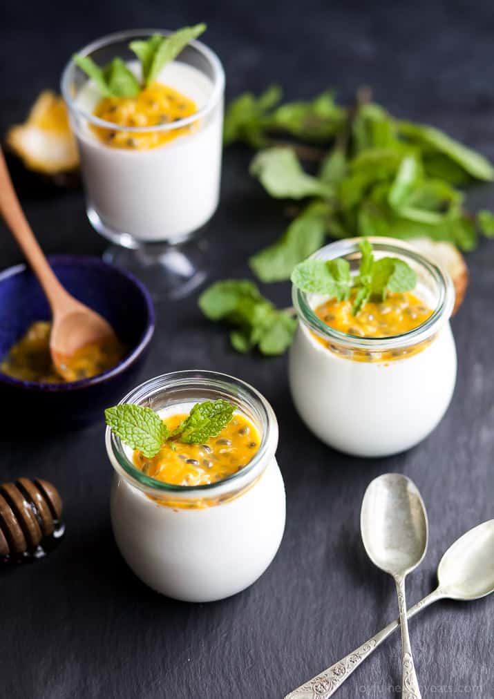 Paleo Vanilla Panna Cotta with Passion Fruit - a slightly sweet creamy Panna Cotta recipe that'll quickly become your new favorite dessert! And guess what, it's guilt free too! | joyfulhealthyeats.com