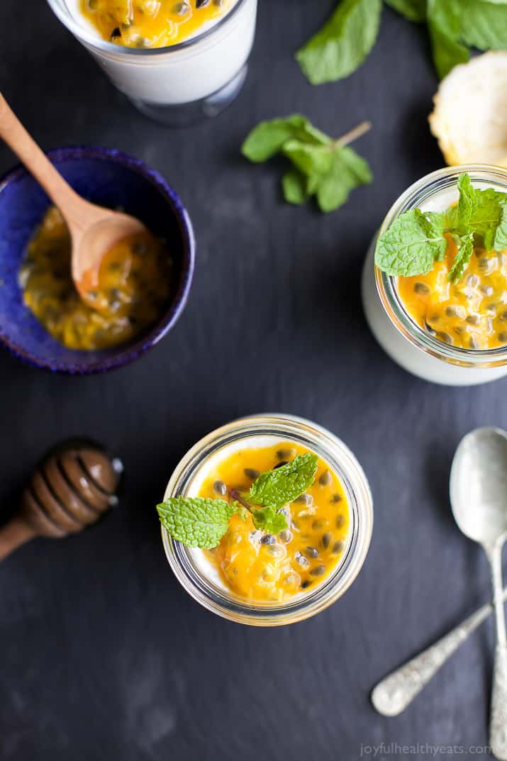 Paleo Vanilla Panna Cotta with Passion Fruit - a slightly sweet creamy Panna Cotta recipe that'll quickly become your new favorite dessert! And guess what, it's guilt free too! | joyfulhealthyeats.com