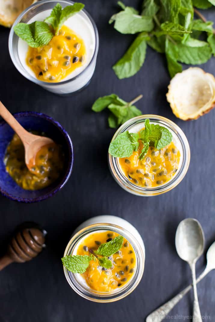 Paleo Vanilla Panna Cotta with Passion Fruit - a slightly sweet creamy Panna Cotta recipe that'll quickly become your new favorite dessert! And guess what, it's guilt free too! | joyfulhealthyeats.com