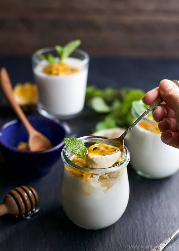 Paleo Vanilla Panna Cotta with Passion Fruit - a slightly sweet creamy Panna Cotta recipe that'll quickly become your new favorite dessert! And guess what, it's guilt free too! | joyfulhealthyeats.com