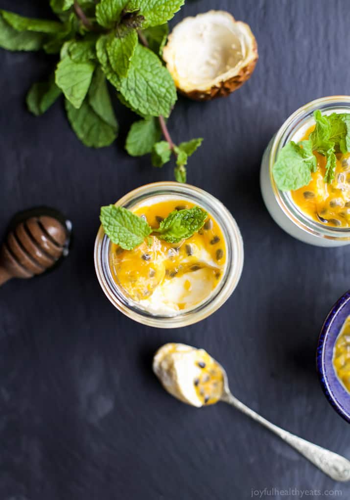 Paleo Vanilla Panna Cotta with Passion Fruit - a slightly sweet creamy Panna Cotta recipe that'll quickly become your new favorite dessert! And guess what, it's guilt free too! | joyfulhealthyeats.com