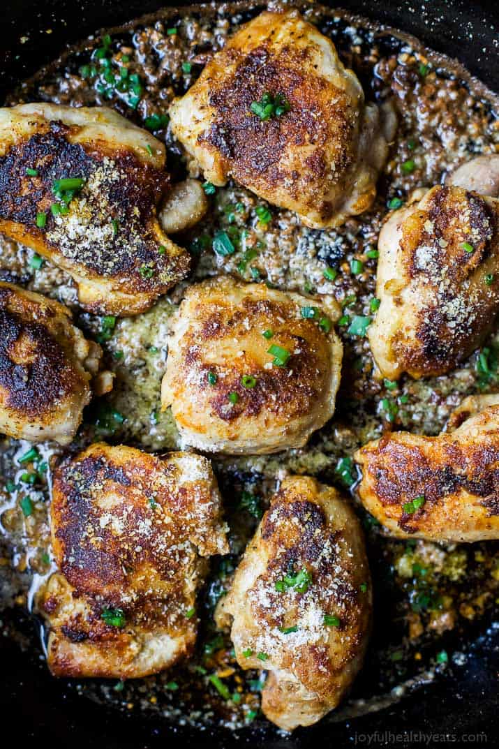 SKILLET GARLIC PARMESAN CHICKEN THIGHS, an amazing one pan skillet meal that will rock your socks off on flavor. This healthy meal is done in 30 minutes and finishes off at 262 calories a serving. | joyfulhealthyeats.com | #ad Chicken Recipes | Gluten Free