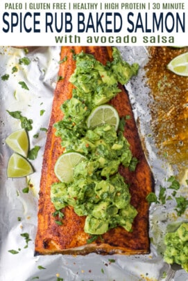 pinterest image for paleo baked salmon with avocado salsa