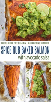 pinterest image for paleo baked salmon with avocado salsa