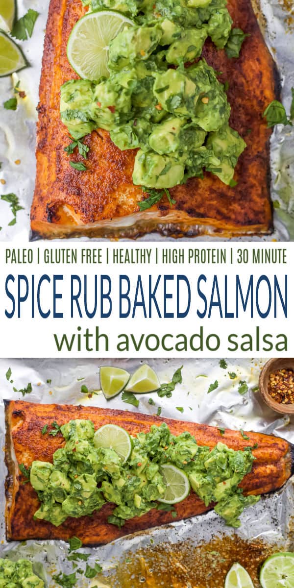 pinterest image for paleo baked salmon with avocado salsa