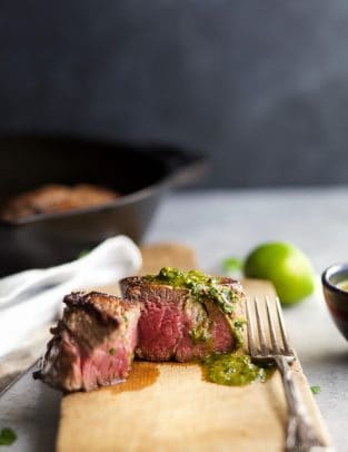 15 MINUTE PAN SEARED FILET MIGNON with a zesty CHIMICHURRI - the ultimate date night recipe. An easy recipe to make that delivers on flavor in a big way! | joyfulhealthyeats.com | gluten free recipes