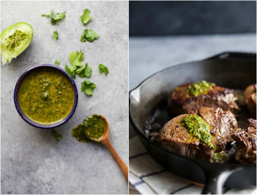 Collage of two photos with chimichurri sauce and Filet Mignon in a skillet with chimichurri sauce