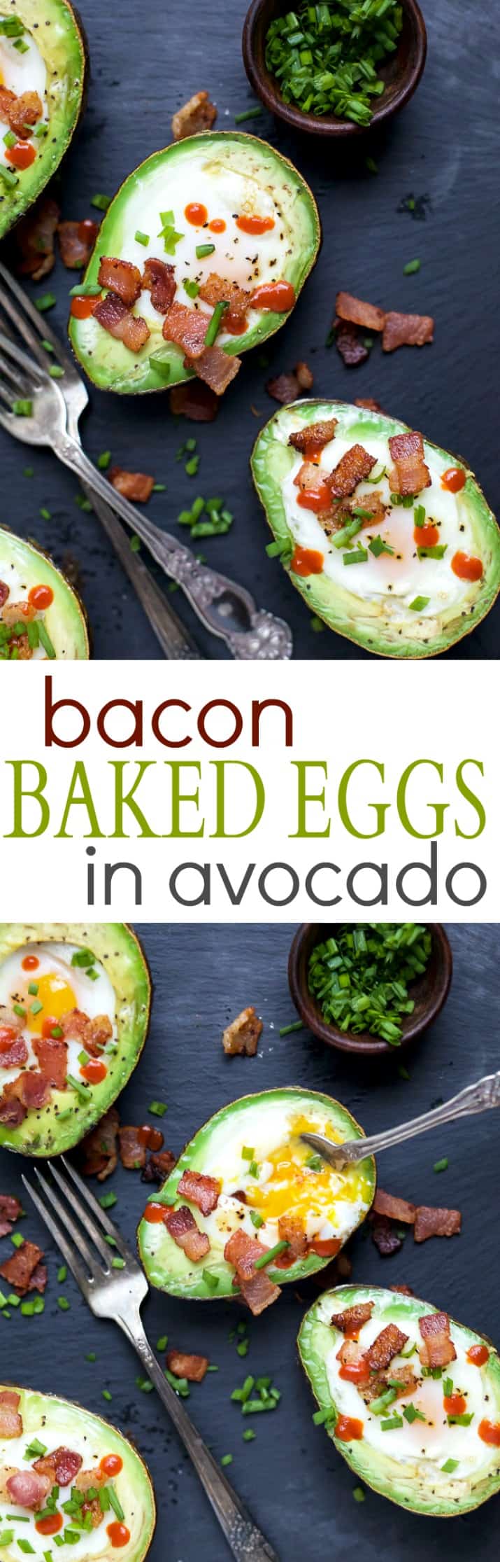 Pinterest image for Bacon Baked Eggs in Avocado