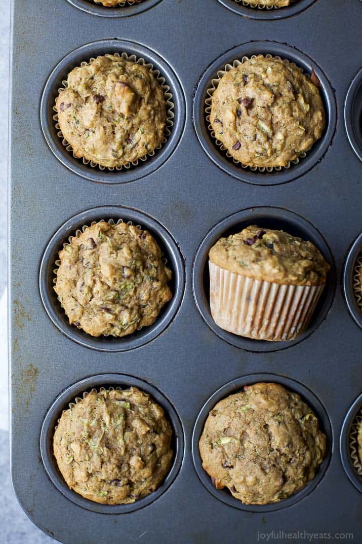 Top view of Chocolate Chip Zucchini Muffins in a muffin tin