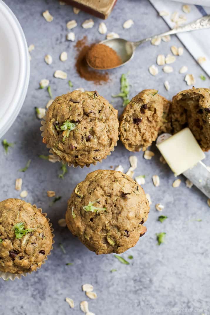 Top view of a few Chocolate Chip Zucchini Muffins 