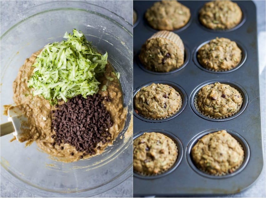 Collage of Chocolate Chip Zucchini muffin batter and muffins baked in a tin