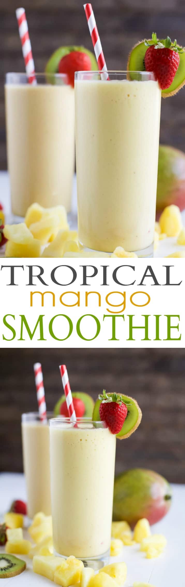 This refreshing Tropical Mango Smoothie is the perfect way to start your day. Fresh flavors that will take you straight to the beach and with 21 grams of protein! | joyfulhealthyeats.com | #drinkitallin #ad